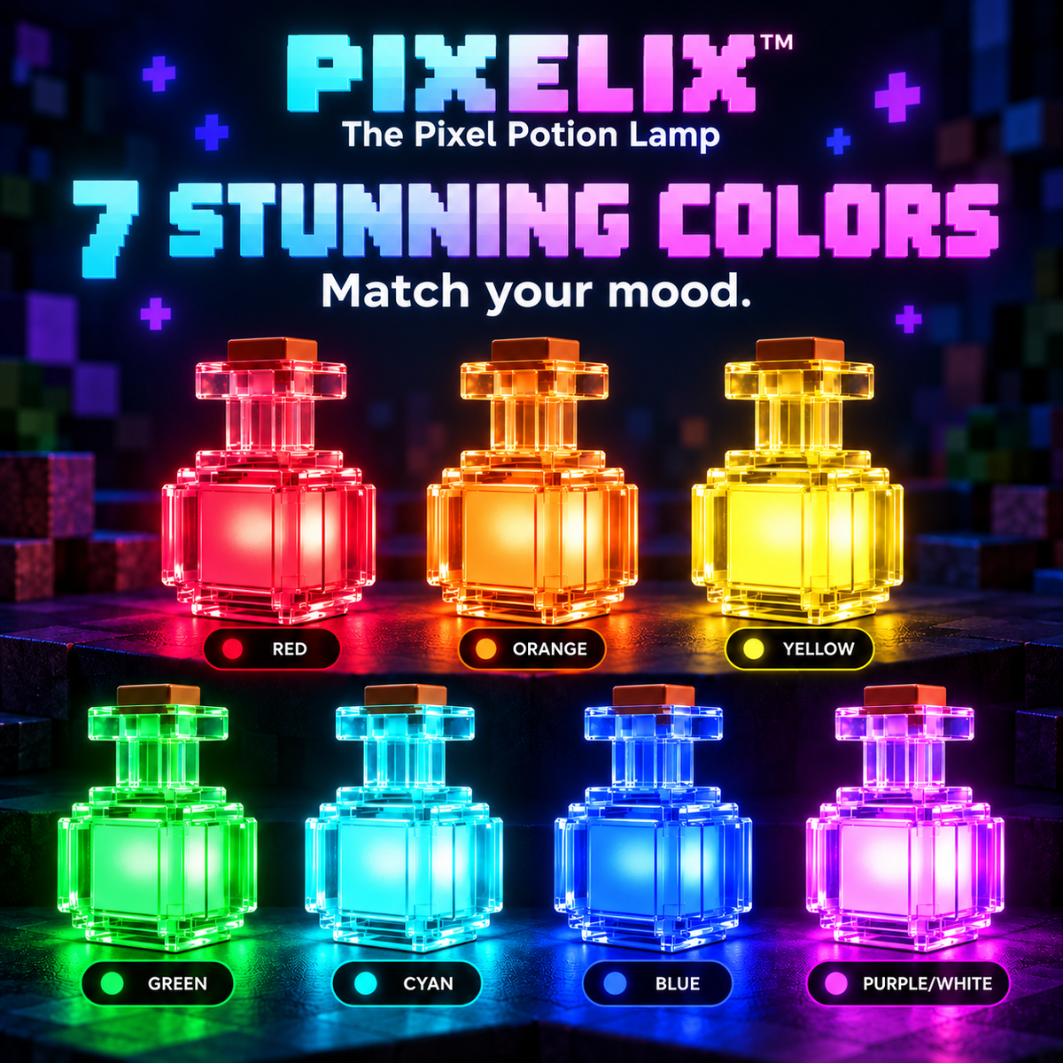Pixelix™ Pixel Potion – 7-Color LED Desk Lamp